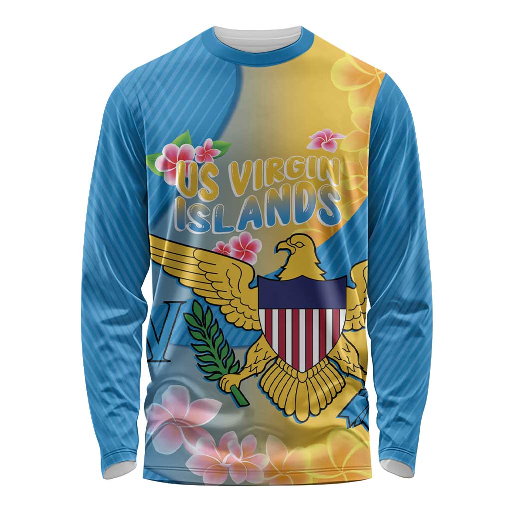 US Virgin Islands Long Sleeve Shirt Coat of Arms Plumeria Curve Style - Wonder Print Shop
