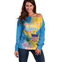 US Virgin Islands Off Shoulder Sweater Coat of Arms Plumeria Curve Style - Wonder Print Shop
