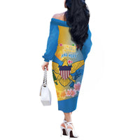 US Virgin Islands Off The Shoulder Long Sleeve Dress Coat of Arms Plumeria Curve Style - Wonder Print Shop