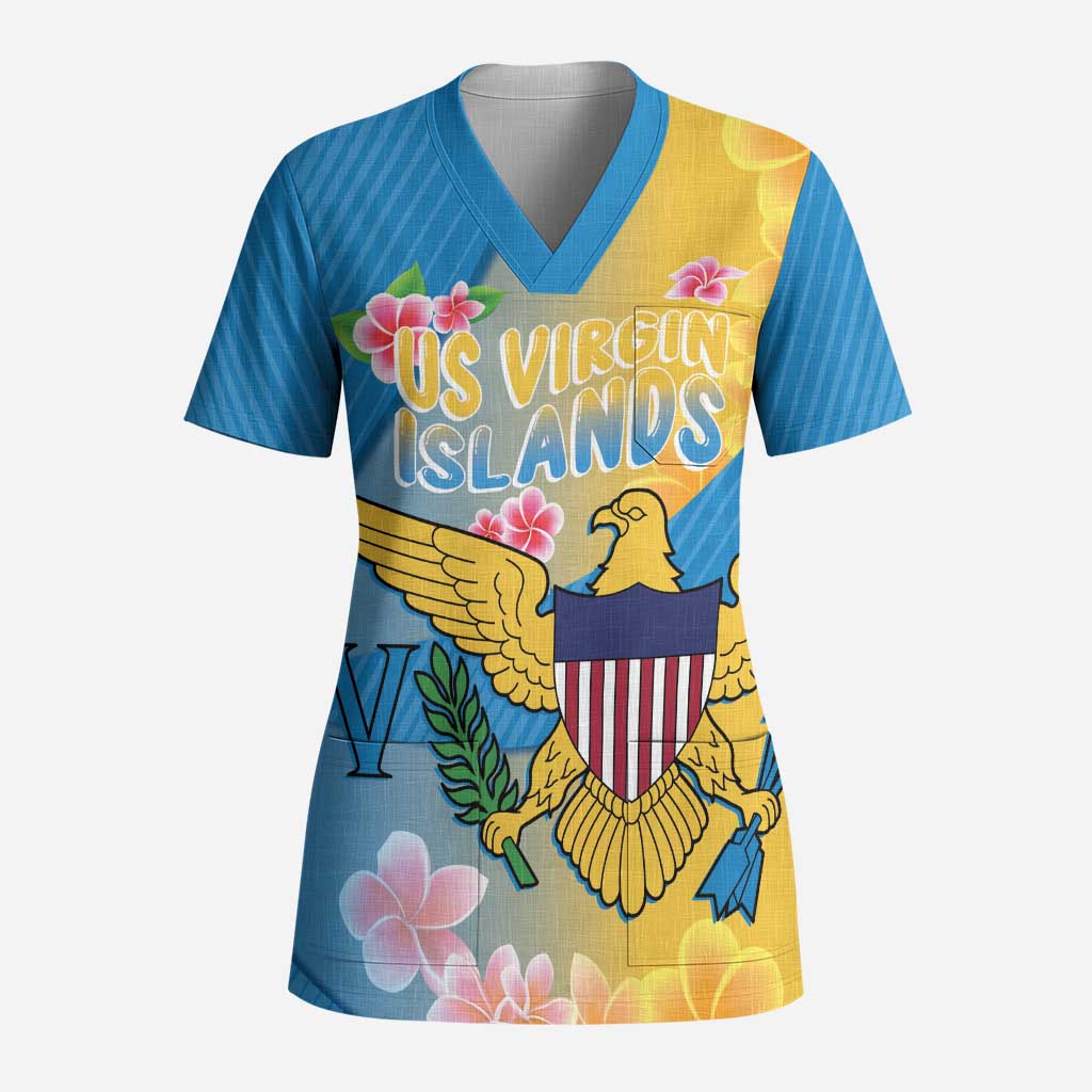 US Virgin Islands Scrub Top Coat of Arms Plumeria Curve Style - Wonder Print Shop