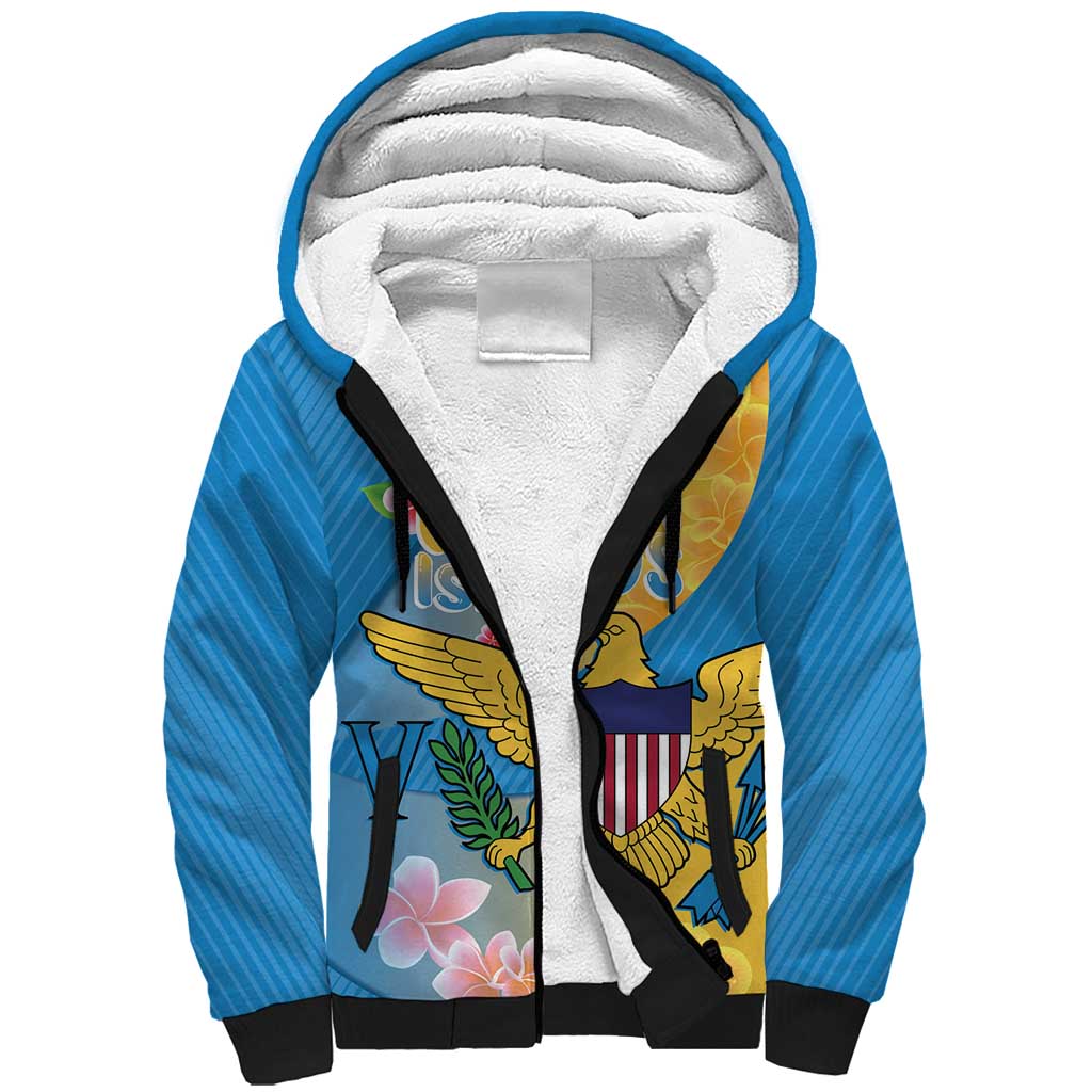 US Virgin Islands Sherpa Hoodie Coat of Arms Plumeria Curve Style - Wonder Print Shop