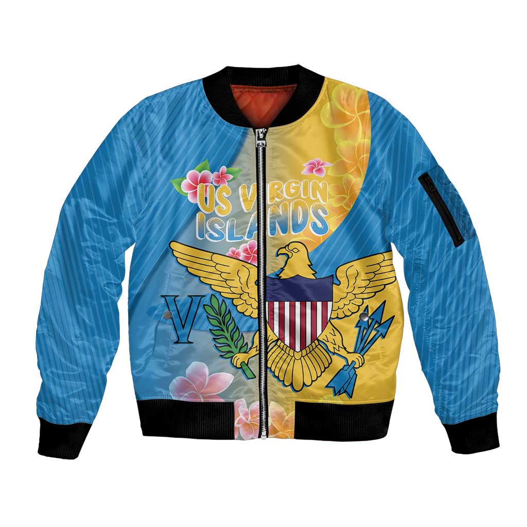 US Virgin Islands Sleeve Zip Bomber Jacket Coat of Arms Plumeria Curve Style - Wonder Print Shop