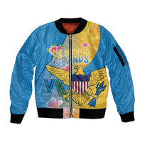 US Virgin Islands Sleeve Zip Bomber Jacket Coat of Arms Plumeria Curve Style - Wonder Print Shop