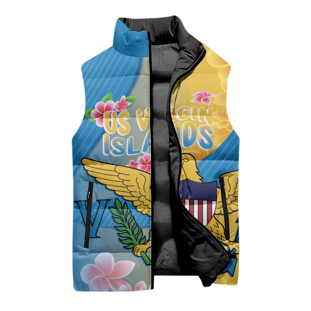 US Virgin Islands Sleeveless Puffer Jacket Coat of Arms Plumeria Curve Style - Wonder Print Shop