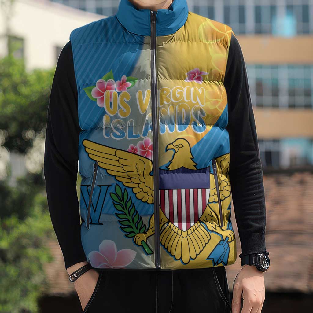 US Virgin Islands Sleeveless Puffer Jacket Coat of Arms Plumeria Curve Style - Wonder Print Shop