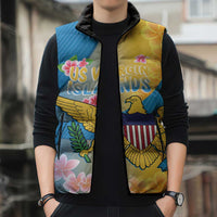 US Virgin Islands Sleeveless Puffer Jacket Coat of Arms Plumeria Curve Style - Wonder Print Shop