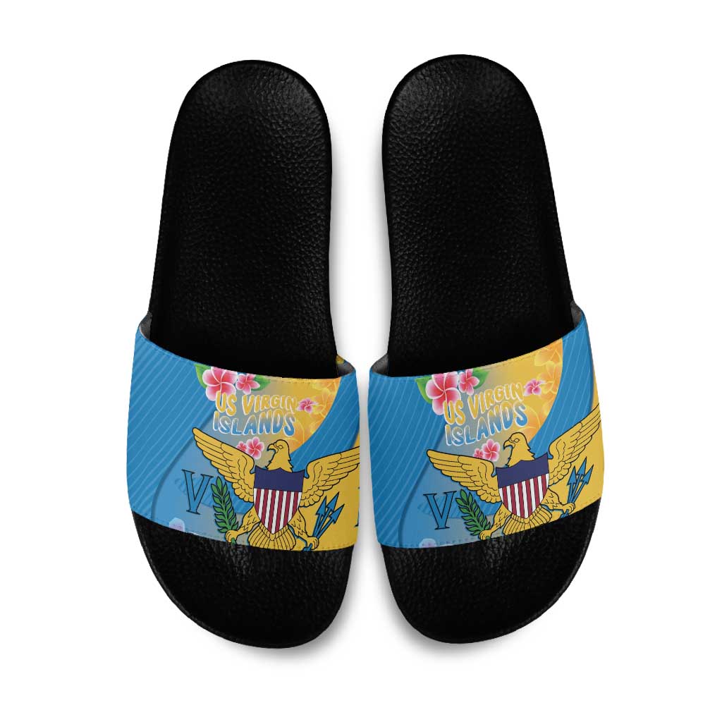 US Virgin Islands Slide Sandals Coat of Arms Plumeria Curve Style - Wonder Print Shop
