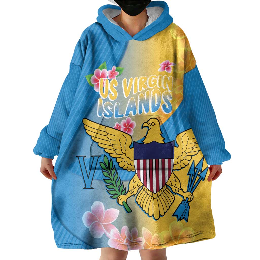 US Virgin Islands Wearable Blanket Hoodie Coat of Arms Plumeria Curve Style - Wonder Print Shop