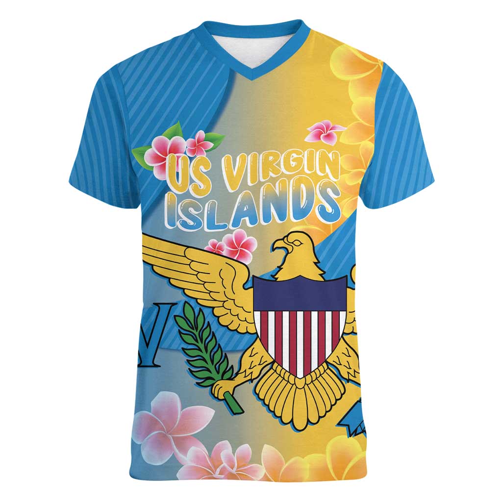 US Virgin Islands Women V-Neck T-Shirt Coat of Arms Plumeria Curve Style - Wonder Print Shop
