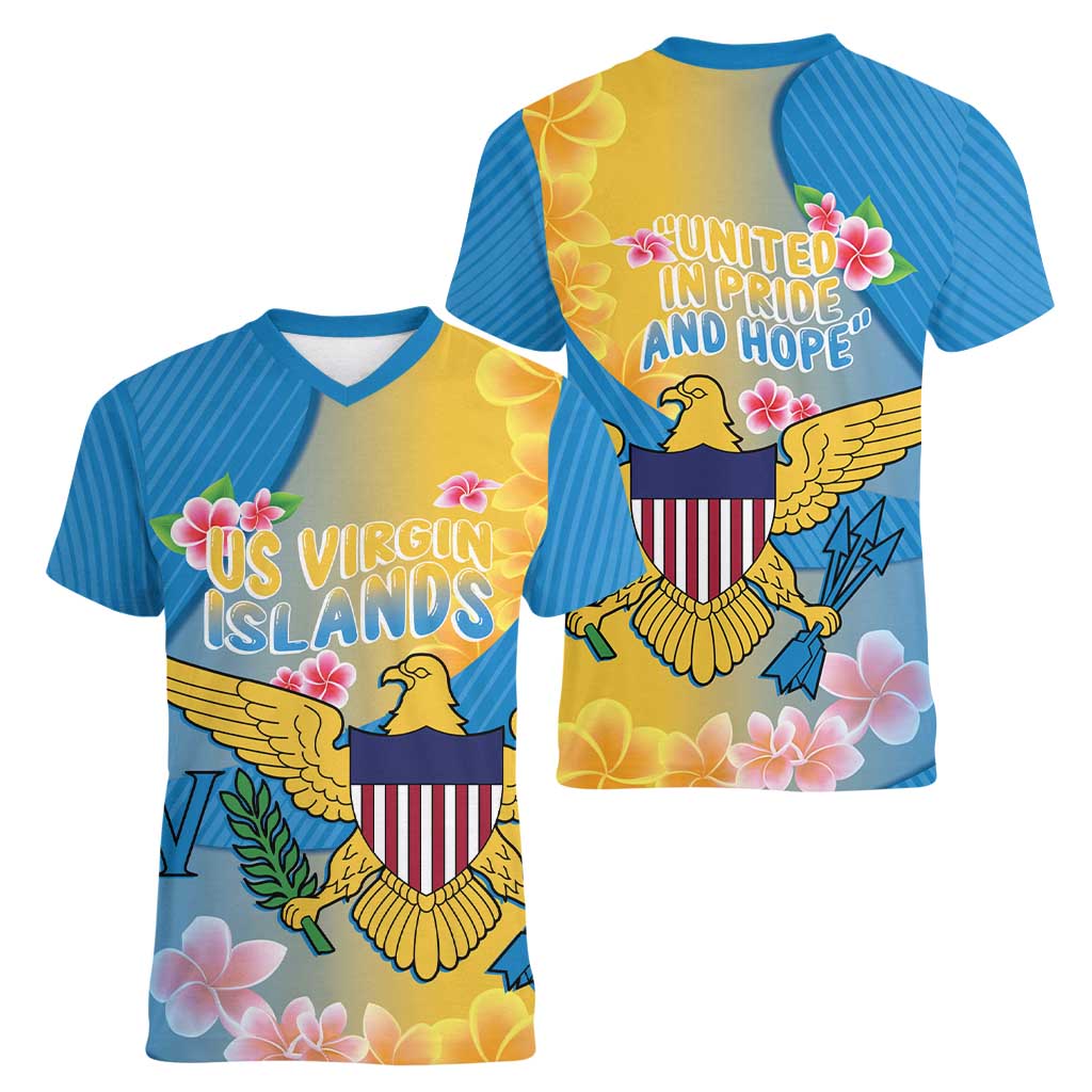US Virgin Islands Women V-Neck T-Shirt Coat of Arms Plumeria Curve Style - Wonder Print Shop