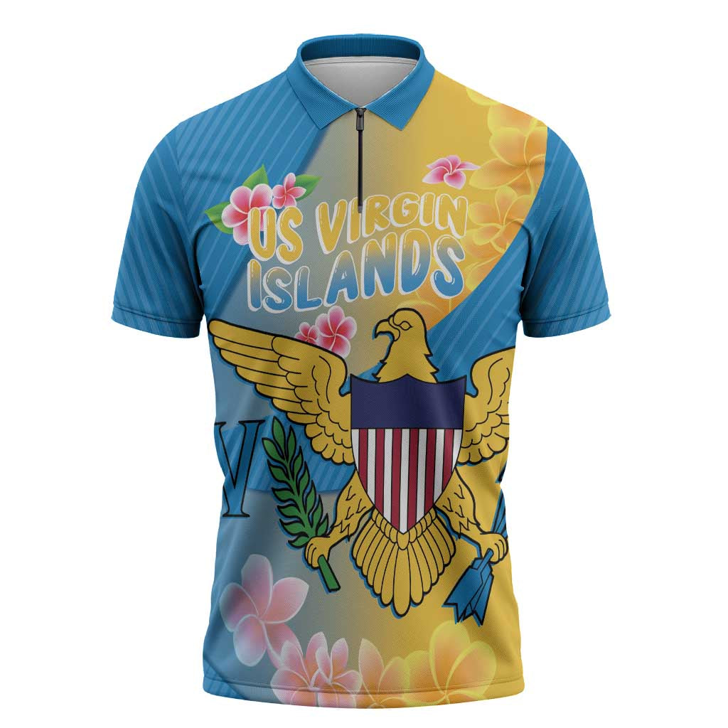 US Virgin Islands Zipper Polo Shirt Coat of Arms Plumeria Curve Style - Wonder Print Shop