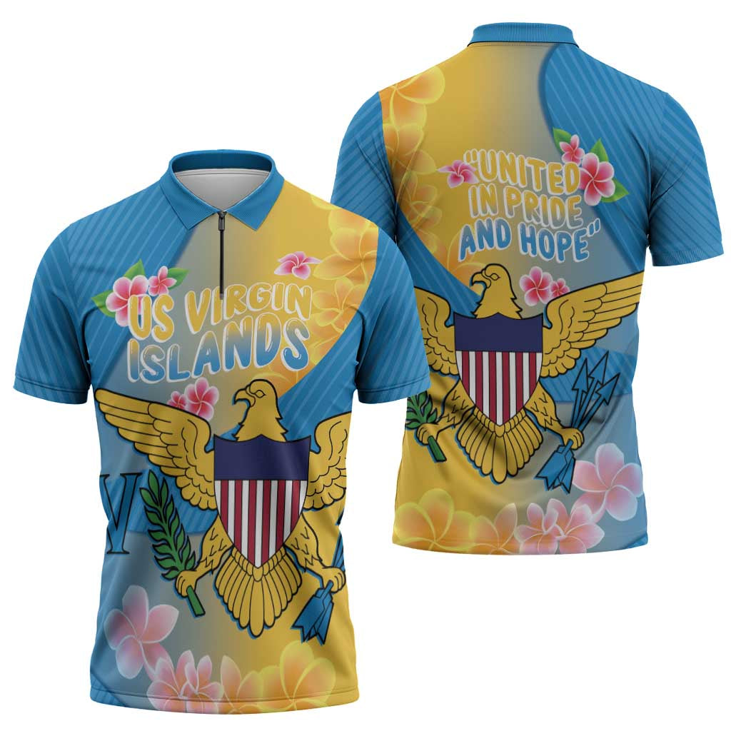 US Virgin Islands Zipper Polo Shirt Coat of Arms Plumeria Curve Style - Wonder Print Shop