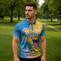 US Virgin Islands Zipper Polo Shirt Coat of Arms Plumeria Curve Style - Wonder Print Shop