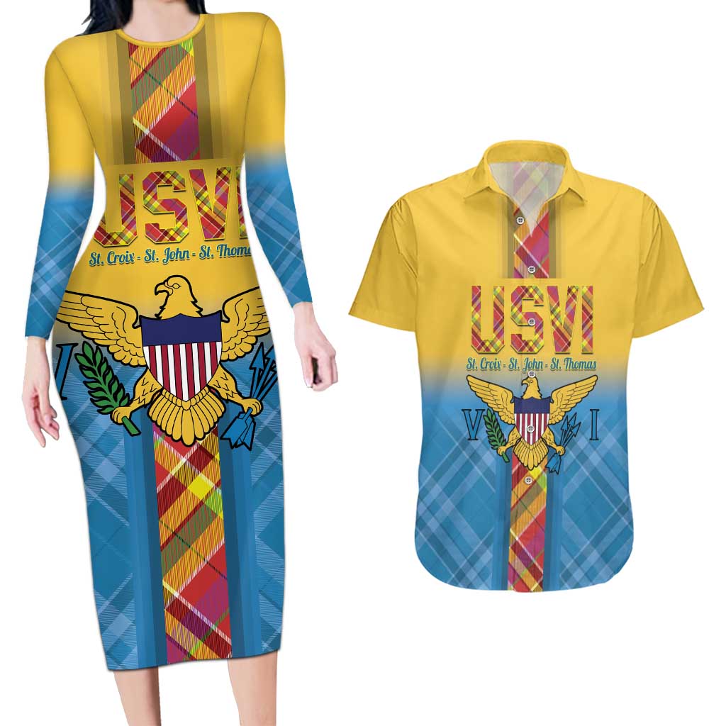 US Virgin Islands Couples Matching Long Sleeve Bodycon Dress and Hawaiian Shirt Madras Pattern Gradient Style - Wonder Print Shop