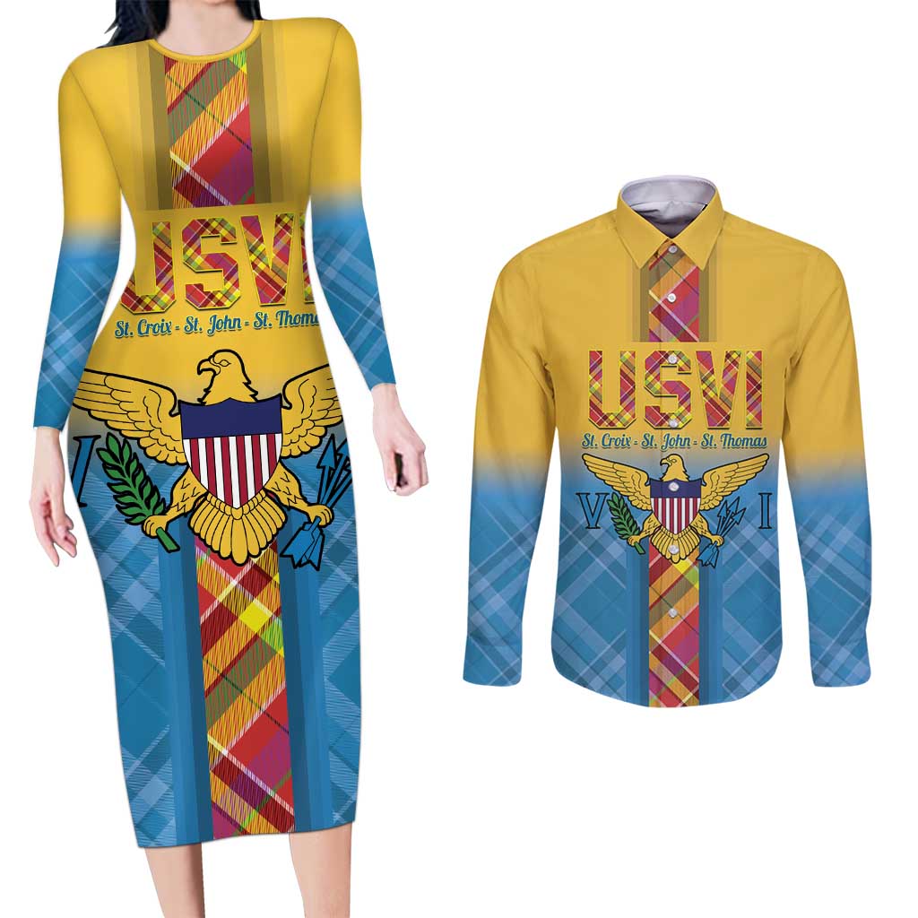 US Virgin Islands Couples Matching Long Sleeve Bodycon Dress and Long Sleeve Button Shirt Madras Pattern Gradient Style - Wonder Print Shop