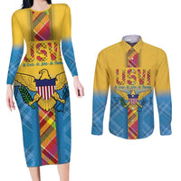 US Virgin Islands Couples Matching Long Sleeve Bodycon Dress and Long Sleeve Button Shirt Madras Pattern Gradient Style - Wonder Print Shop