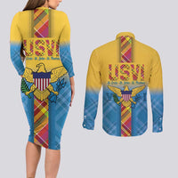 US Virgin Islands Couples Matching Long Sleeve Bodycon Dress and Long Sleeve Button Shirt Madras Pattern Gradient Style - Wonder Print Shop