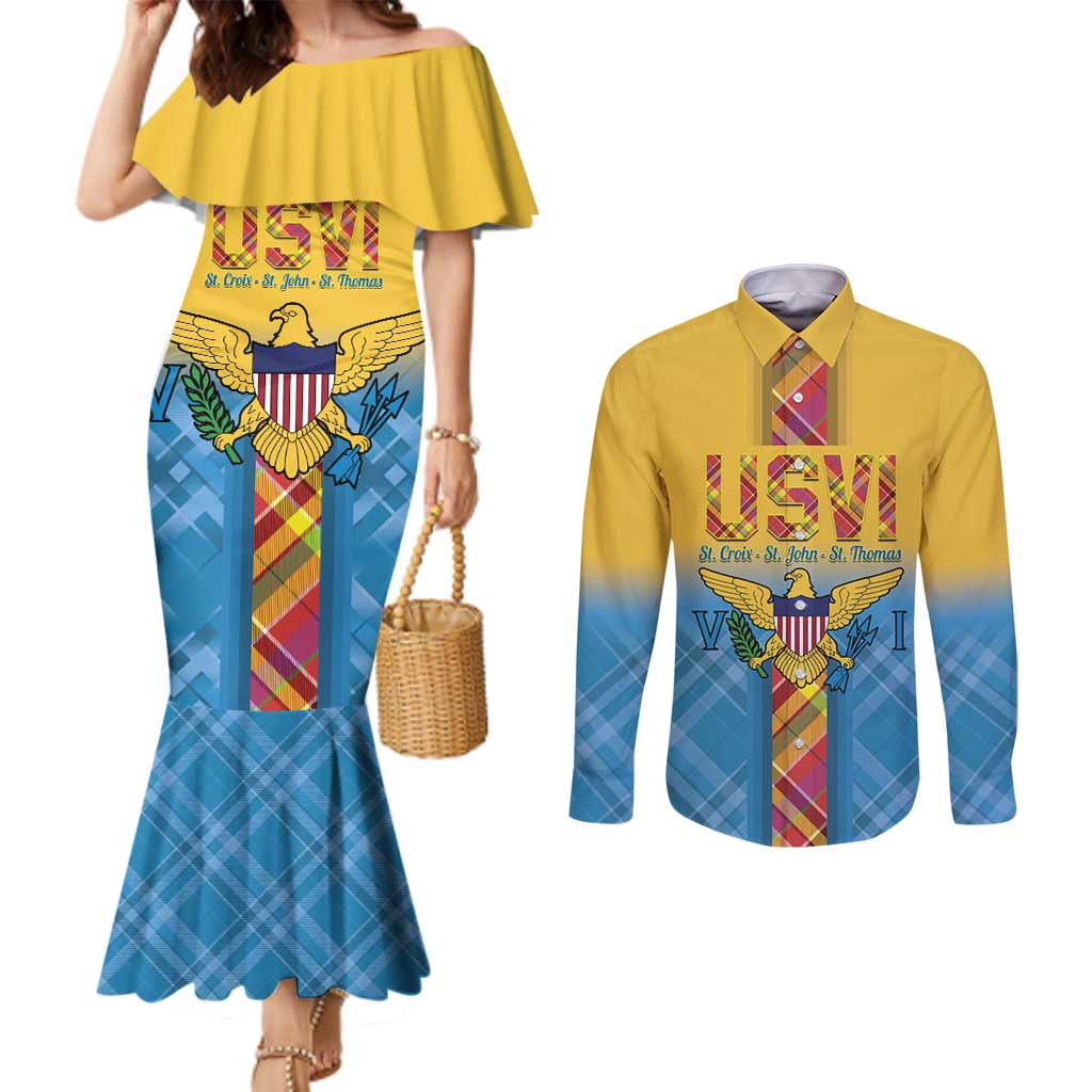 US Virgin Islands Couples Matching Mermaid Dress and Long Sleeve Button Shirt Madras Pattern Gradient Style - Wonder Print Shop