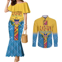 US Virgin Islands Couples Matching Mermaid Dress and Long Sleeve Button Shirt Madras Pattern Gradient Style - Wonder Print Shop