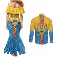 US Virgin Islands Couples Matching Mermaid Dress and Long Sleeve Button Shirt Madras Pattern Gradient Style - Wonder Print Shop