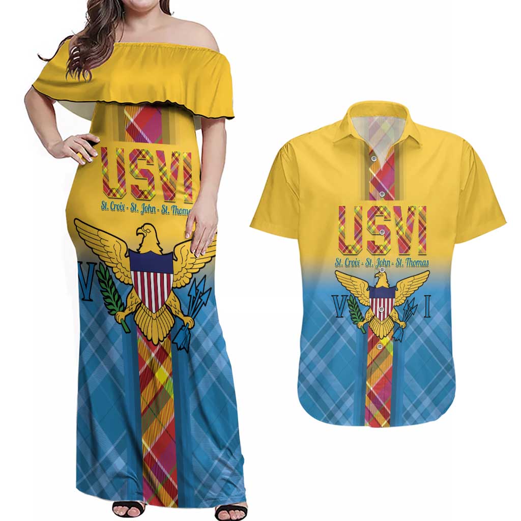US Virgin Islands Couples Matching Off Shoulder Maxi Dress and Hawaiian Shirt Madras Pattern Gradient Style - Wonder Print Shop