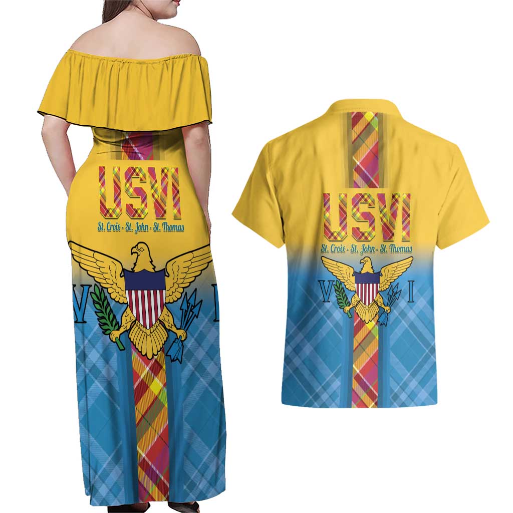 US Virgin Islands Couples Matching Off Shoulder Maxi Dress and Hawaiian Shirt Madras Pattern Gradient Style - Wonder Print Shop