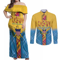 US Virgin Islands Couples Matching Off Shoulder Maxi Dress and Long Sleeve Button Shirt Madras Pattern Gradient Style - Wonder Print Shop