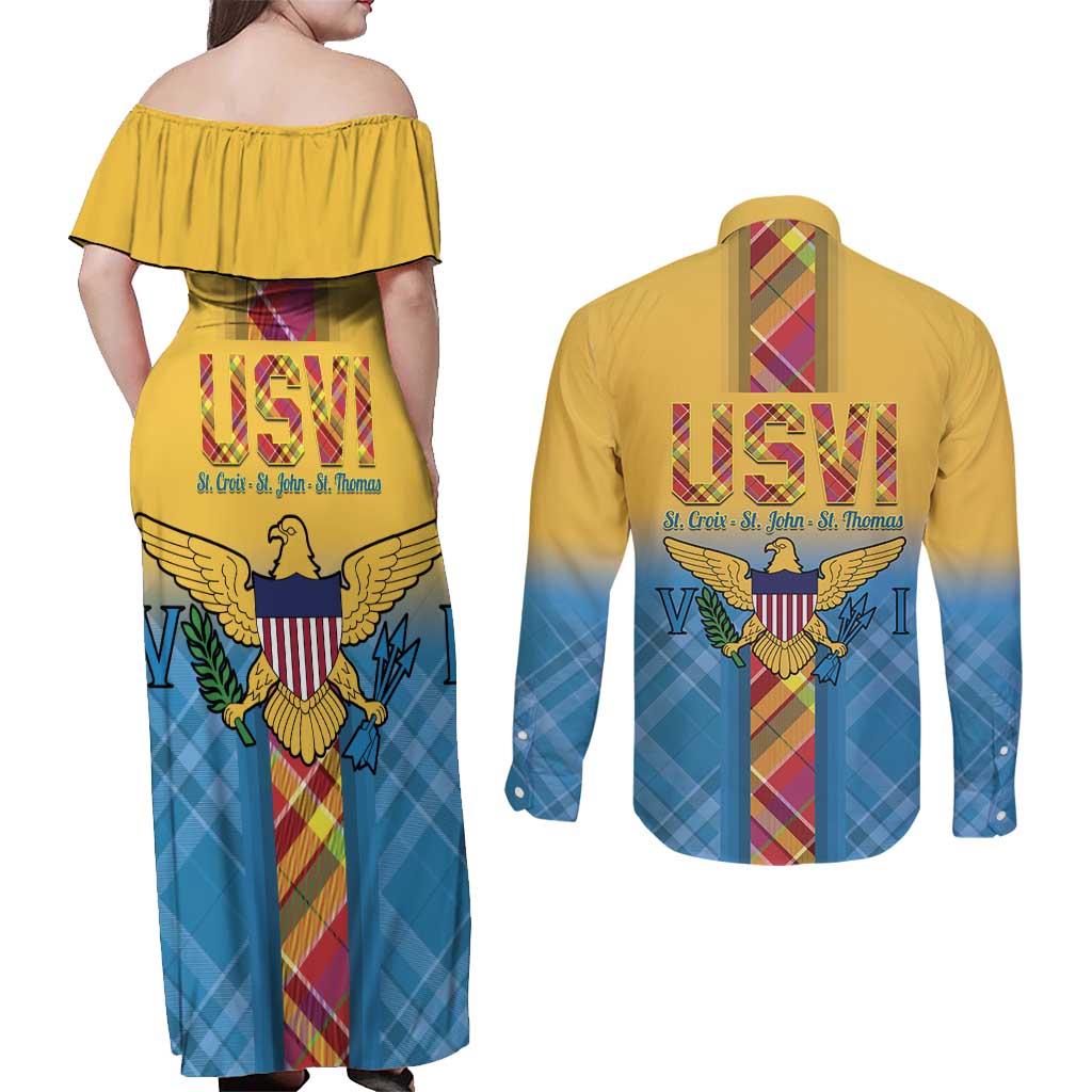 US Virgin Islands Couples Matching Off Shoulder Maxi Dress and Long Sleeve Button Shirt Madras Pattern Gradient Style - Wonder Print Shop