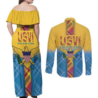 US Virgin Islands Couples Matching Off Shoulder Maxi Dress and Long Sleeve Button Shirt Madras Pattern Gradient Style - Wonder Print Shop