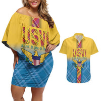 US Virgin Islands Couples Matching Off Shoulder Short Dress and Hawaiian Shirt Madras Pattern Gradient Style - Wonder Print Shop