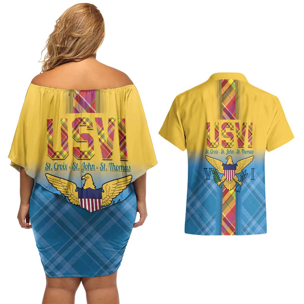 US Virgin Islands Couples Matching Off Shoulder Short Dress and Hawaiian Shirt Madras Pattern Gradient Style - Wonder Print Shop