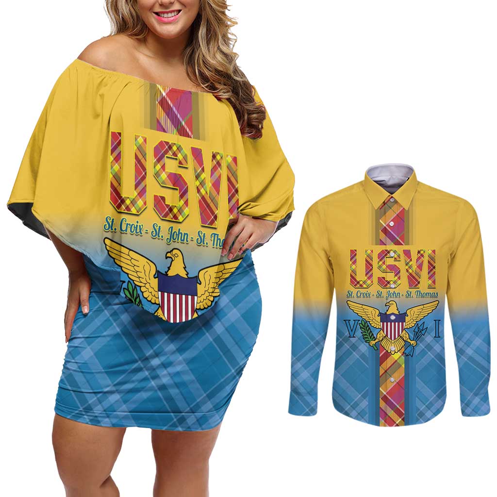 US Virgin Islands Couples Matching Off Shoulder Short Dress and Long Sleeve Button Shirt Madras Pattern Gradient Style - Wonder Print Shop