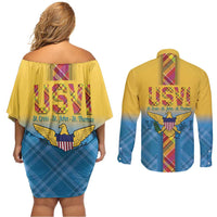 US Virgin Islands Couples Matching Off Shoulder Short Dress and Long Sleeve Button Shirt Madras Pattern Gradient Style - Wonder Print Shop