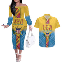 US Virgin Islands Couples Matching Off The Shoulder Long Sleeve Dress and Hawaiian Shirt Madras Pattern Gradient Style - Wonder Print Shop