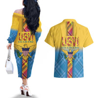 US Virgin Islands Couples Matching Off The Shoulder Long Sleeve Dress and Hawaiian Shirt Madras Pattern Gradient Style - Wonder Print Shop