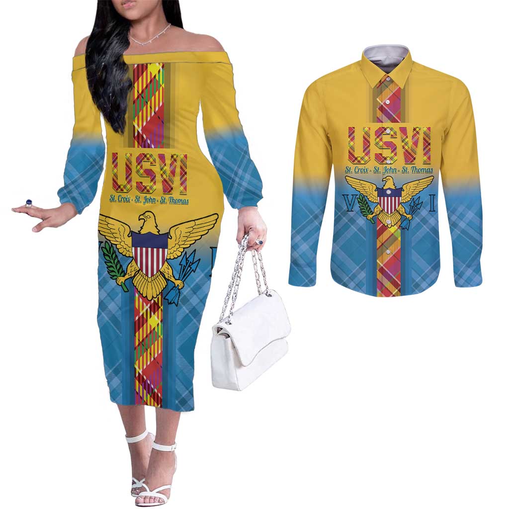 US Virgin Islands Couples Matching Off The Shoulder Long Sleeve Dress and Long Sleeve Button Shirt Madras Pattern Gradient Style - Wonder Print Shop
