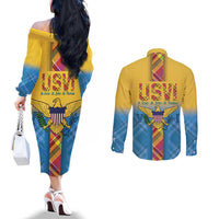 US Virgin Islands Couples Matching Off The Shoulder Long Sleeve Dress and Long Sleeve Button Shirt Madras Pattern Gradient Style - Wonder Print Shop