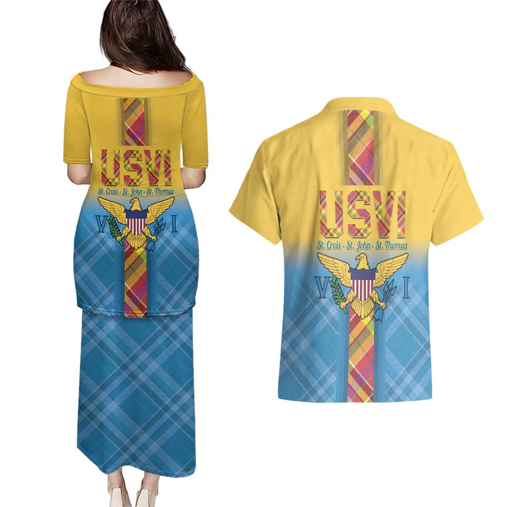 US Virgin Islands Couples Matching Puletasi and Hawaiian Shirt Madras Pattern Gradient Style - Wonder Print Shop
