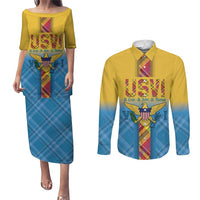 US Virgin Islands Couples Matching Puletasi and Long Sleeve Button Shirt Madras Pattern Gradient Style - Wonder Print Shop