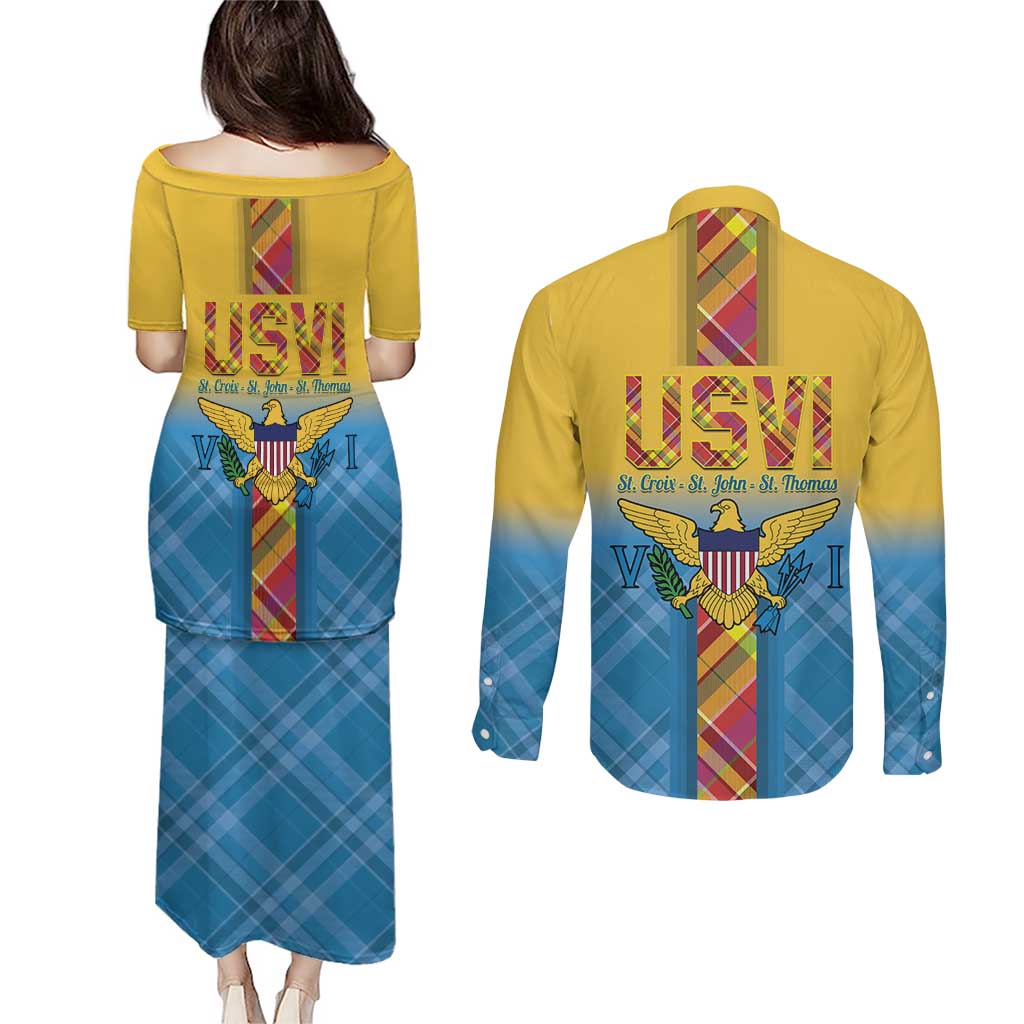 US Virgin Islands Couples Matching Puletasi and Long Sleeve Button Shirt Madras Pattern Gradient Style - Wonder Print Shop