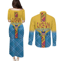 US Virgin Islands Couples Matching Puletasi and Long Sleeve Button Shirt Madras Pattern Gradient Style - Wonder Print Shop