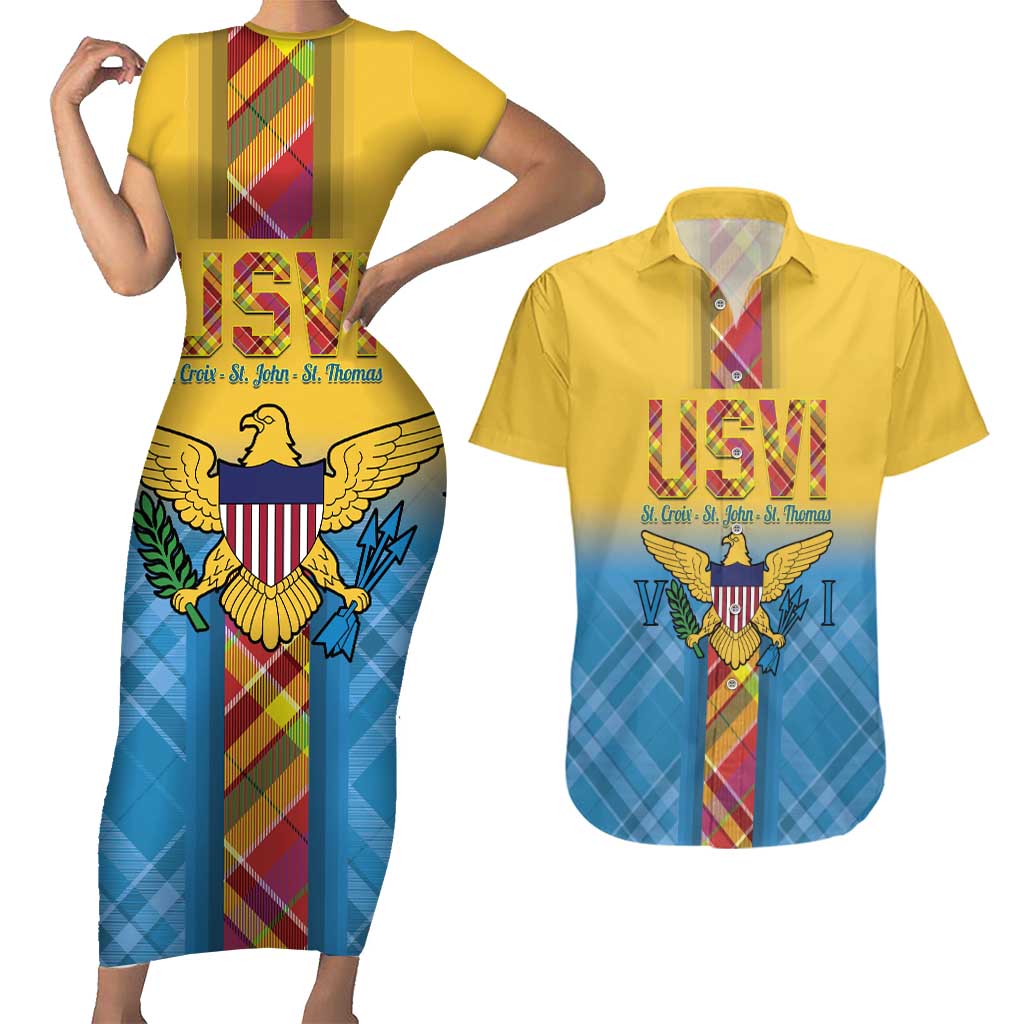 US Virgin Islands Couples Matching Short Sleeve Bodycon Dress and Hawaiian Shirt Madras Pattern Gradient Style - Wonder Print Shop