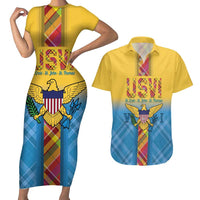 US Virgin Islands Couples Matching Short Sleeve Bodycon Dress and Hawaiian Shirt Madras Pattern Gradient Style - Wonder Print Shop