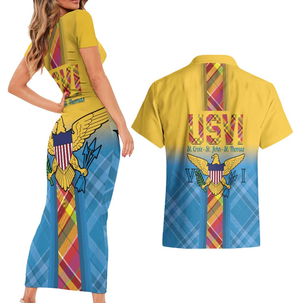 US Virgin Islands Couples Matching Short Sleeve Bodycon Dress and Hawaiian Shirt Madras Pattern Gradient Style - Wonder Print Shop