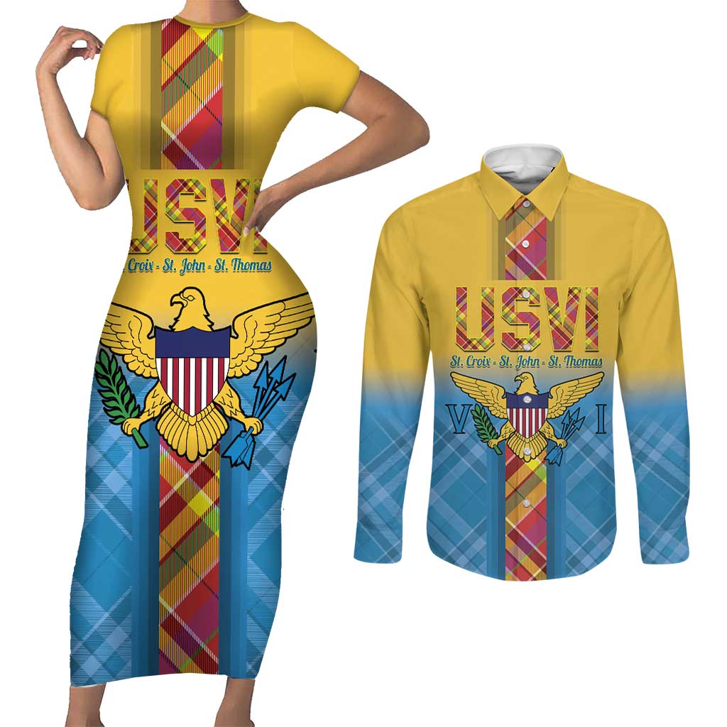 US Virgin Islands Couples Matching Short Sleeve Bodycon Dress and Long Sleeve Button Shirt Madras Pattern Gradient Style - Wonder Print Shop