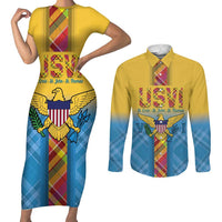 US Virgin Islands Couples Matching Short Sleeve Bodycon Dress and Long Sleeve Button Shirt Madras Pattern Gradient Style - Wonder Print Shop