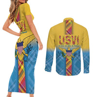US Virgin Islands Couples Matching Short Sleeve Bodycon Dress and Long Sleeve Button Shirt Madras Pattern Gradient Style - Wonder Print Shop