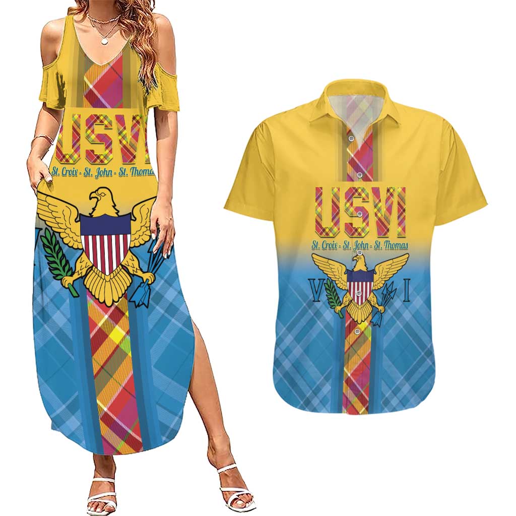 US Virgin Islands Couples Matching Summer Maxi Dress and Hawaiian Shirt Madras Pattern Gradient Style - Wonder Print Shop