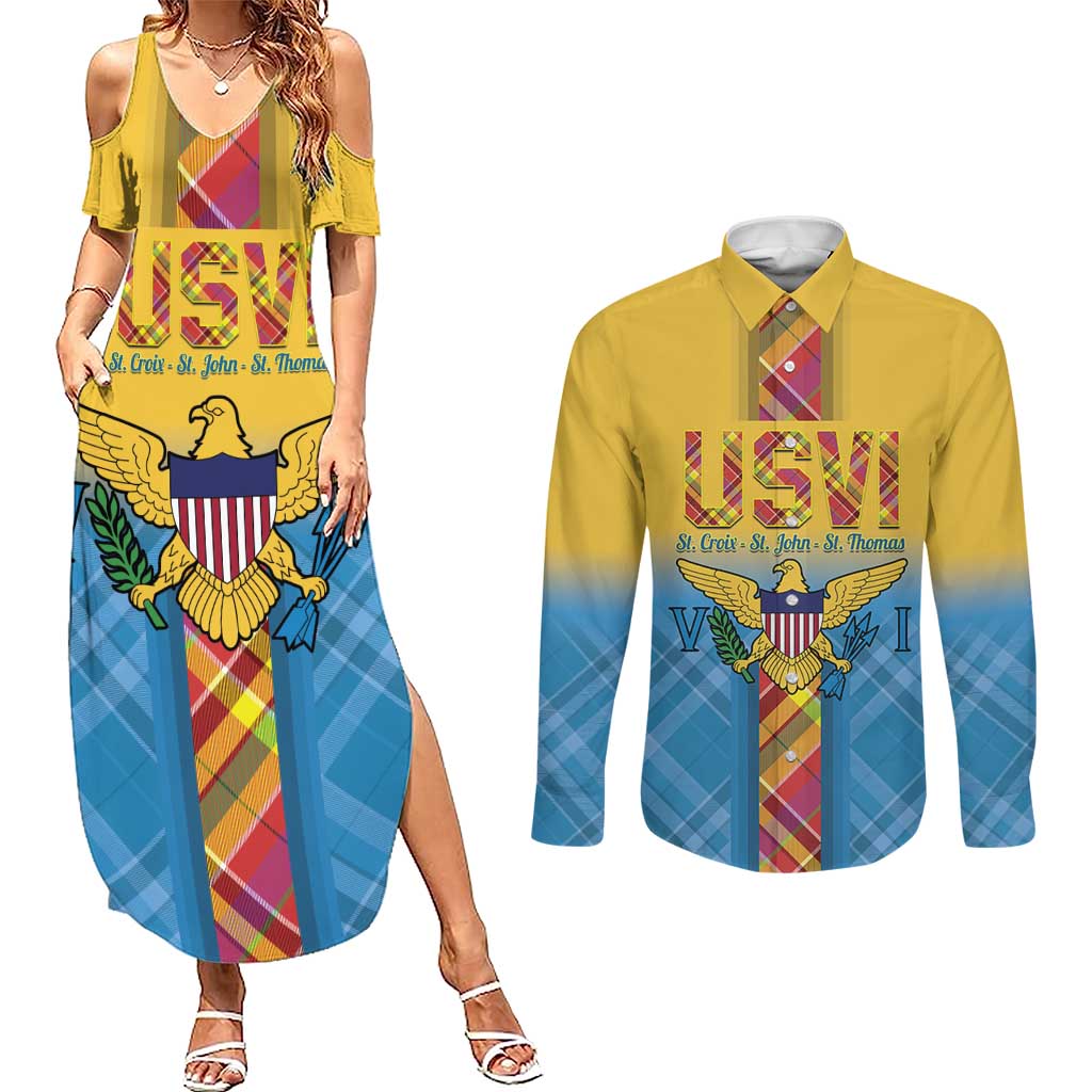 US Virgin Islands Couples Matching Summer Maxi Dress and Long Sleeve Button Shirt Madras Pattern Gradient Style - Wonder Print Shop