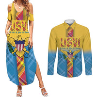 US Virgin Islands Couples Matching Summer Maxi Dress and Long Sleeve Button Shirt Madras Pattern Gradient Style - Wonder Print Shop